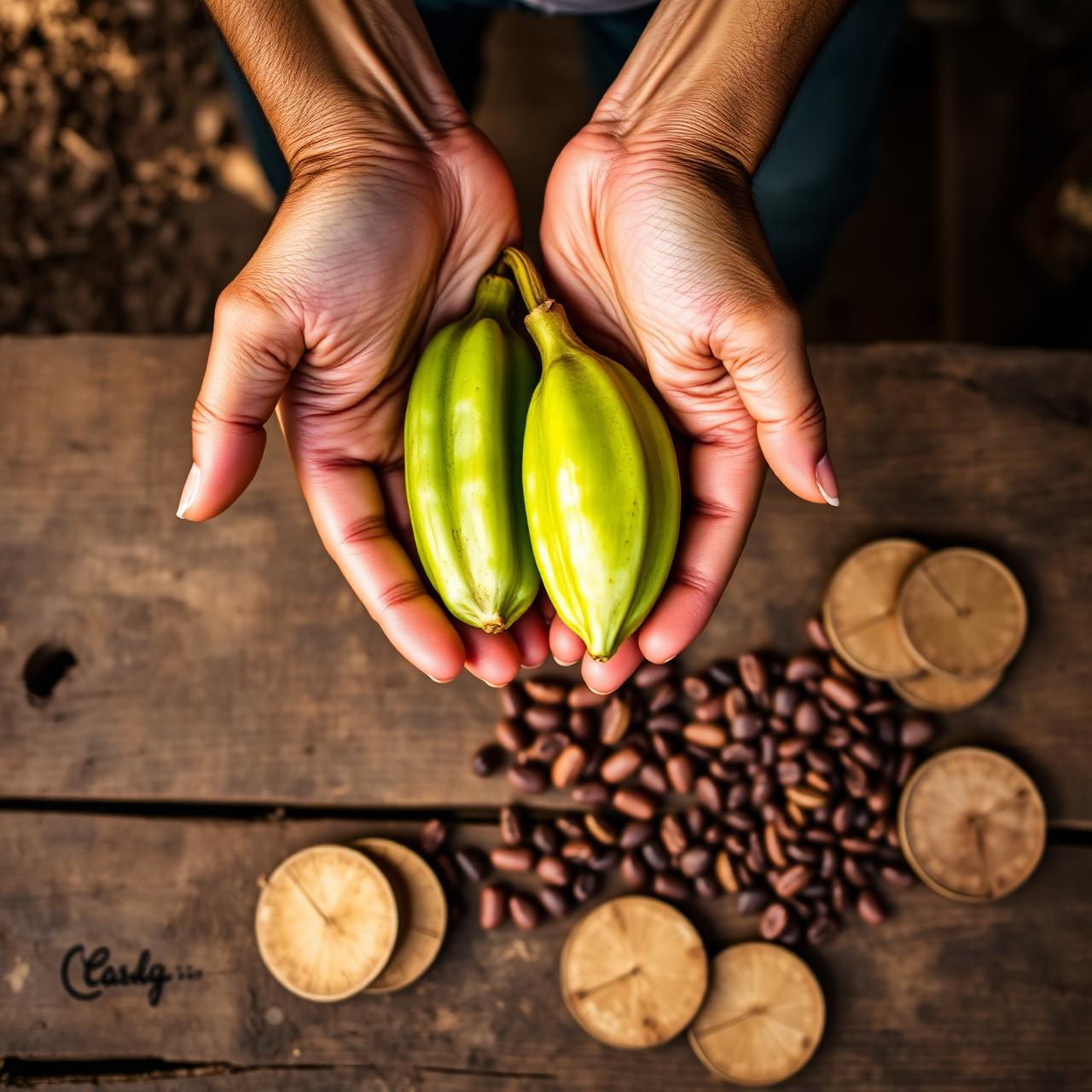 Hands holding fresh cacao pods over a rustic table with beans and tablea